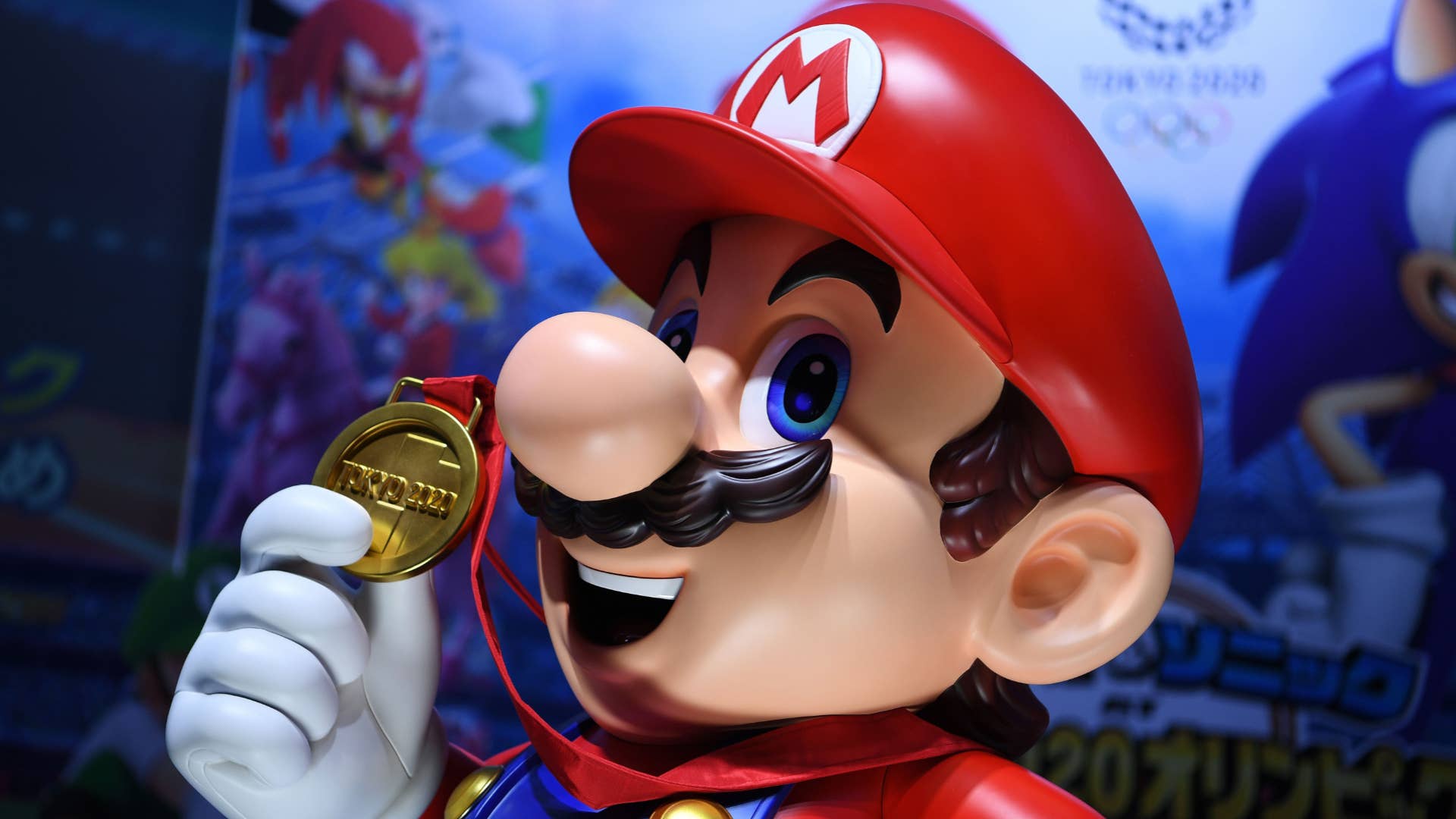 Mario is seen at a promotional booth for "Mario & Sonic at the Olympic Games Tokyo 2020."