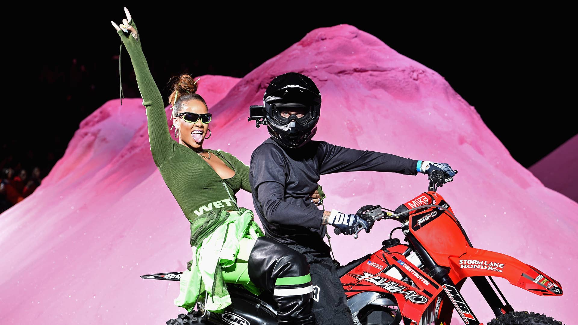 Rihanna on a motorbike on Fenty Puma runway in 2018