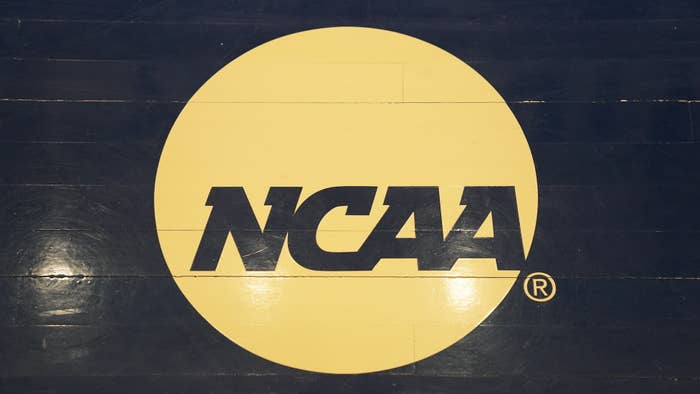 The NCAA logo on the floor during a Atlantic 10 Women&#x27;s Basketball Tournament.