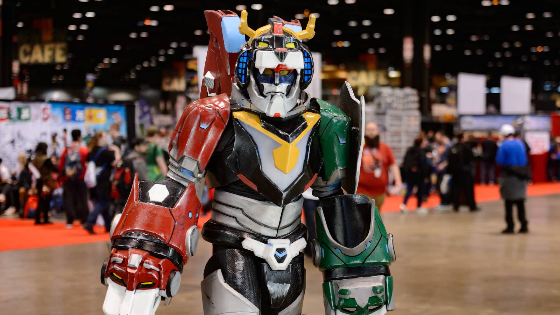A cosplayer dressed as Voltron.