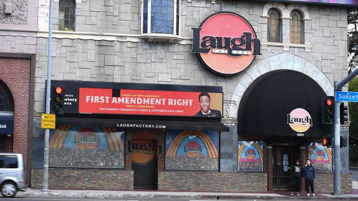 A sign outside The Laugh Factory supporting First Amendment right.