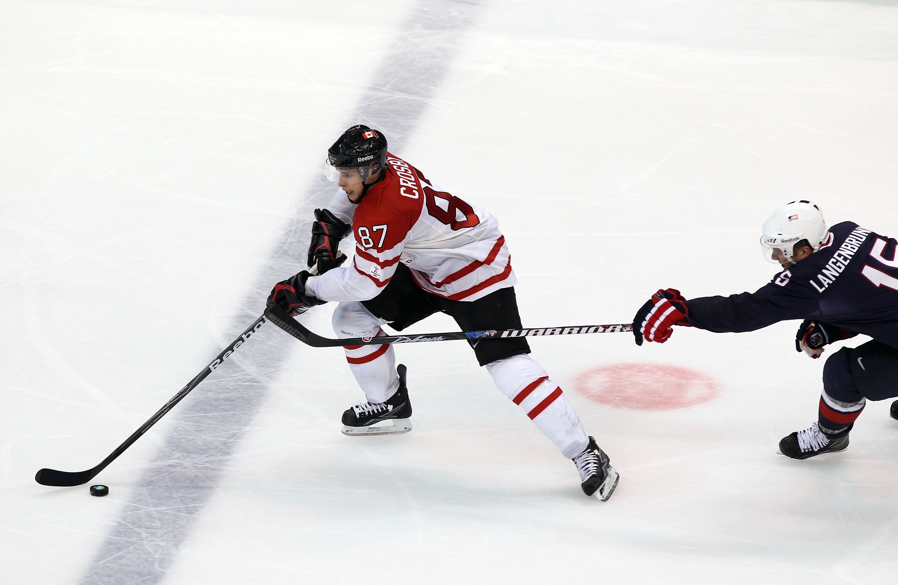 This is a photo of Canadian hockey player Sidney Crosby playing in the 2010 gold medal game.