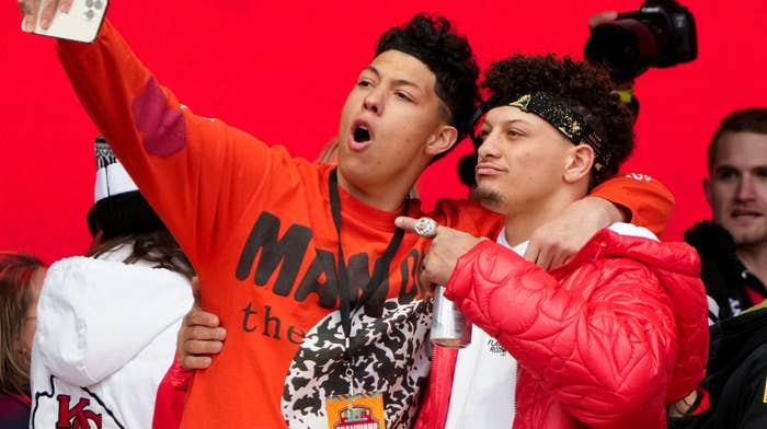 Jackson Mahomes celebrates with his brother after Super Bowl LVII