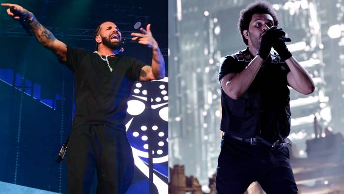 Drake and The Weeknd pictured during live performances