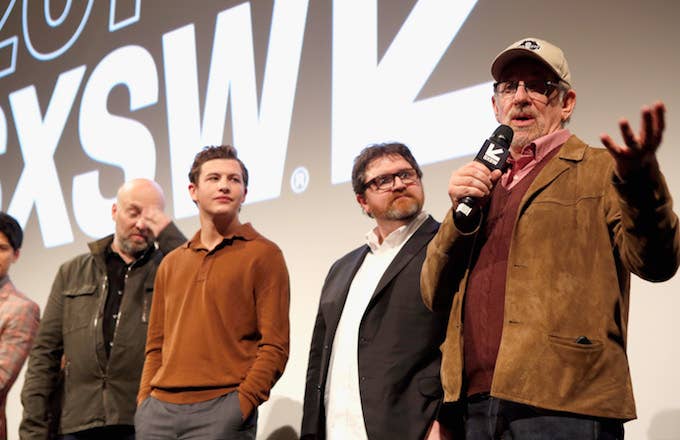 Zak Penn, Tye Sheridan, Ernest Cline, and Steven Spielberg at the premiere of &#x27;Ready Player One.&#x27;