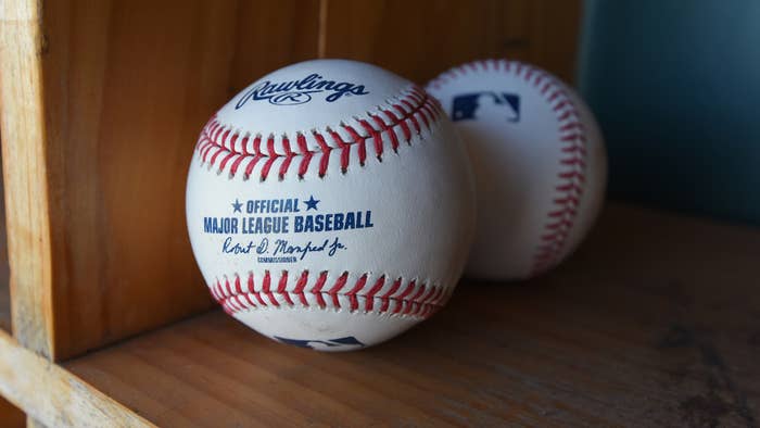 A detailed view of a pair of official Rawlings Major League Baseball