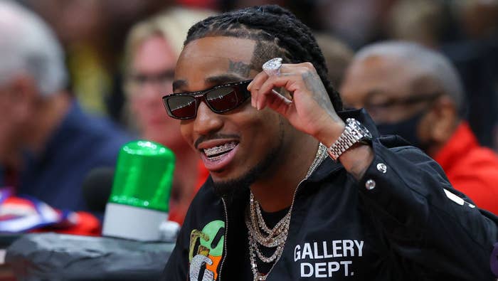 Quavo attends the game between the Brooklyn Nets and the Atlanta Hawks at State Farm Arena