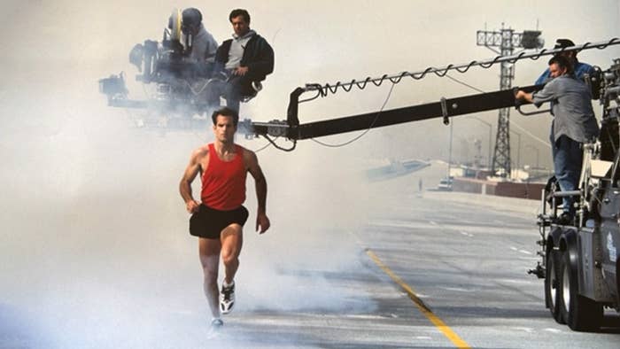 Actor Steen Davies runs on the 105 Freeway in Los Angeles on the set of David Lynch&#x27;s The Wall ad for Adidas