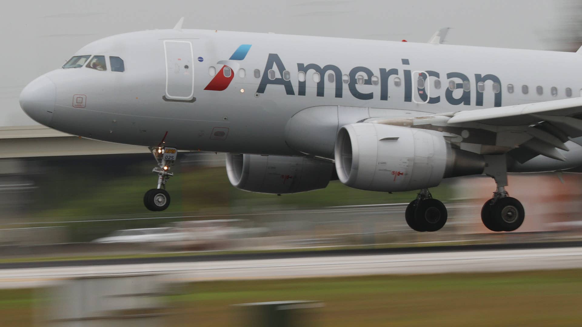 An American Airlines plane lands.
