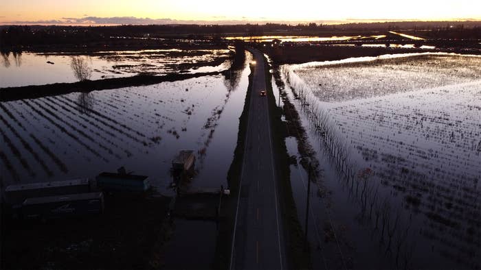 Aeriel viiew of flooded farms in Surrey, British Columbia, Nov 2021.