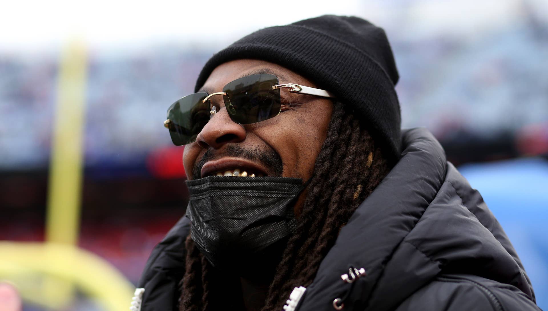 Marshawn Lynch on the field before a Buffalo Bills game in November 2021