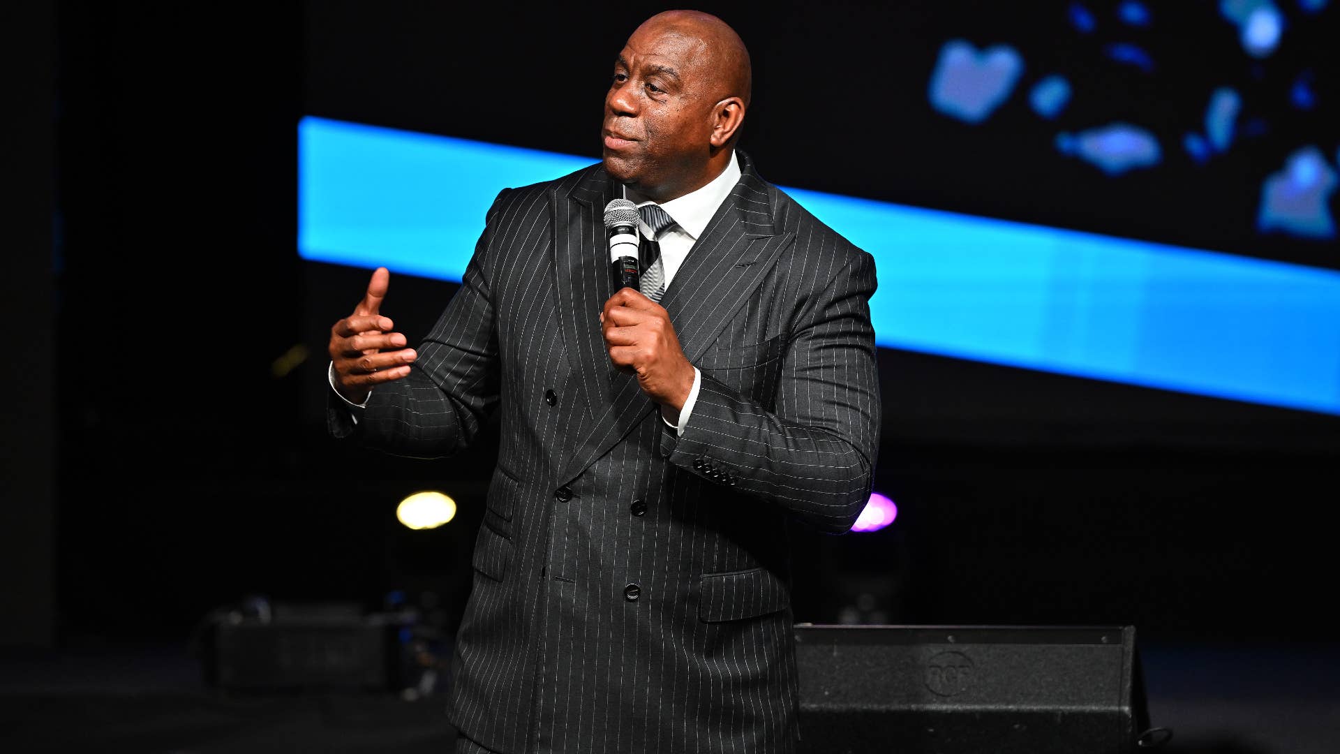 Magic Johnson is pictured speaking at an event