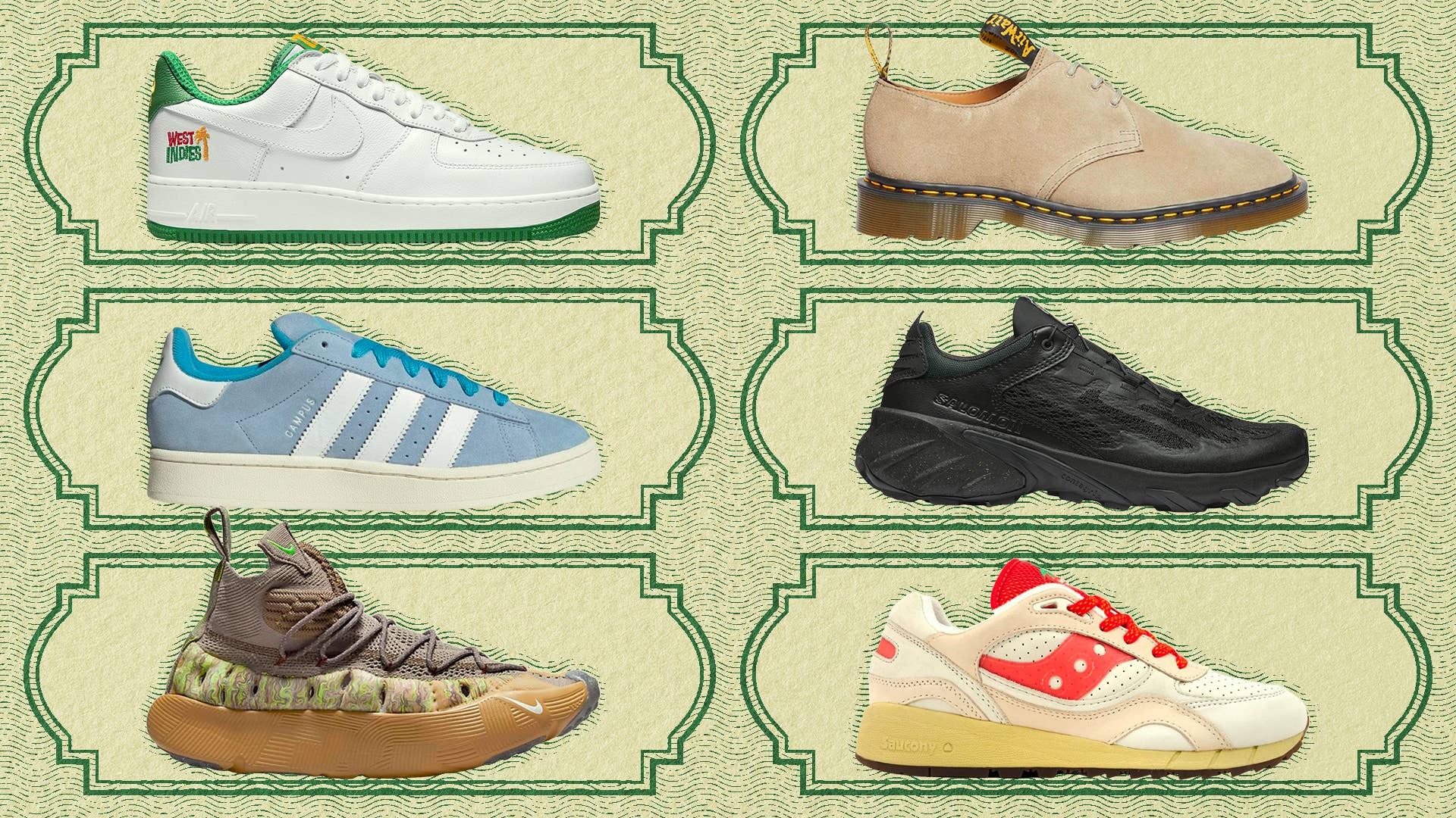 Various shoes against a green background