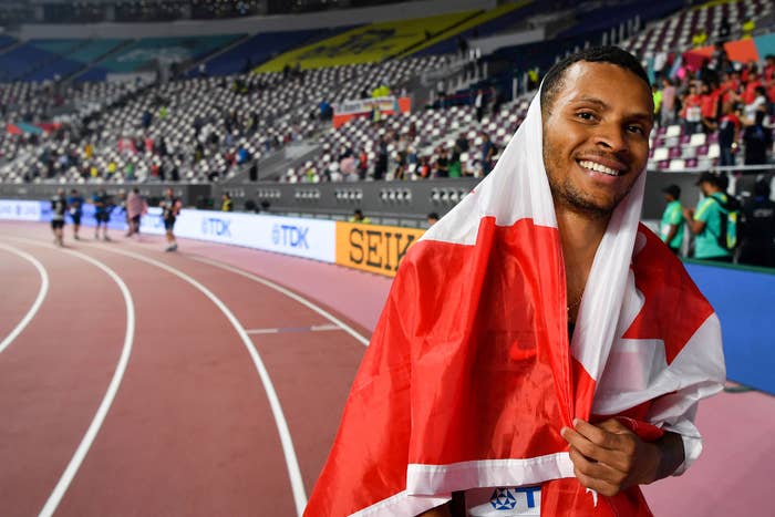 Canada&#x27;s Andre De Grasse celebrates taking silver in the Men&#x27;s 200m final at the 2019 IAAF Athletics World Championships at the Khalifa International stadium in Doha on October 1, 2019.