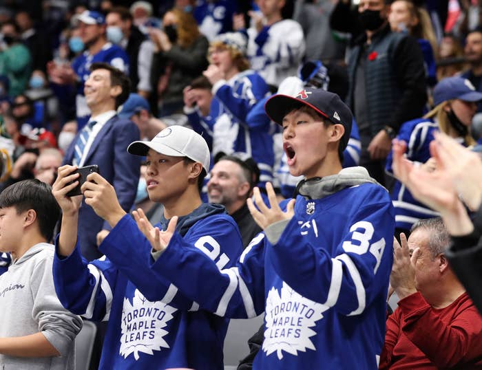 November 12 In overtime the fans celebrate. The Toronto Maple Leafs beat the Calgary Flames 2-1 in overtime in NHL hockey action at the Scotiabank Arena in Toronto