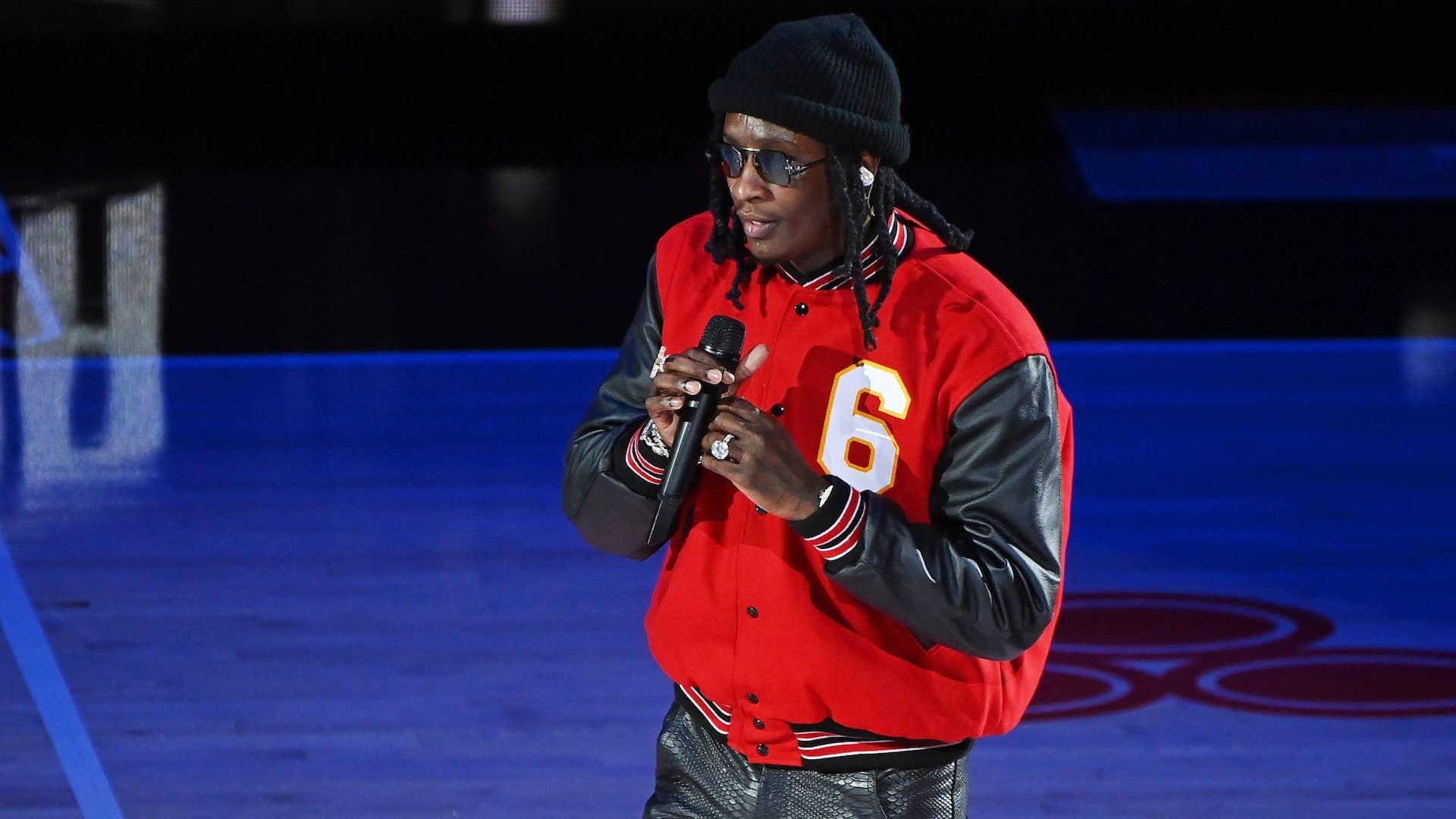 Rapper Young Thug performs at halftime during the Boston Celtics v Atlanta Hawks