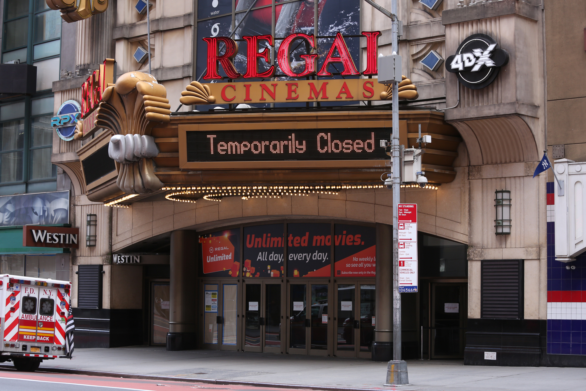 A Regal Cinemas remains closed during the coronavirus pandemic in New York City