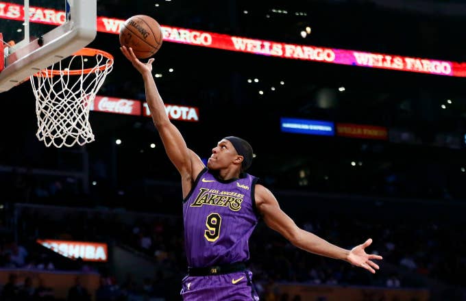 Rajon Rondo #9 of the Los Angeles Lakers shoots the ball against the Charlotte Hornets