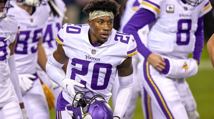 Minnesota Vikings cornerback Jeff Gladney (20) looks on in action