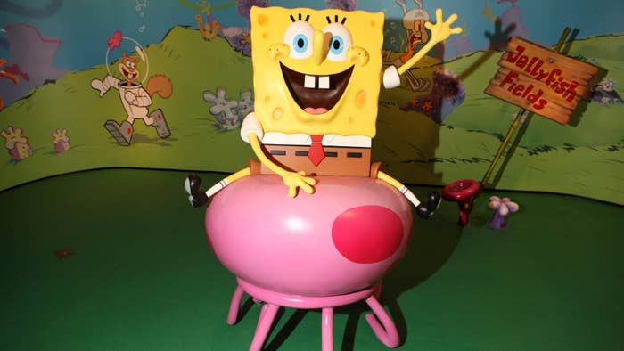 A picture of the Spongebob Squarepants wax figure unveiling at Madame Tussauds.