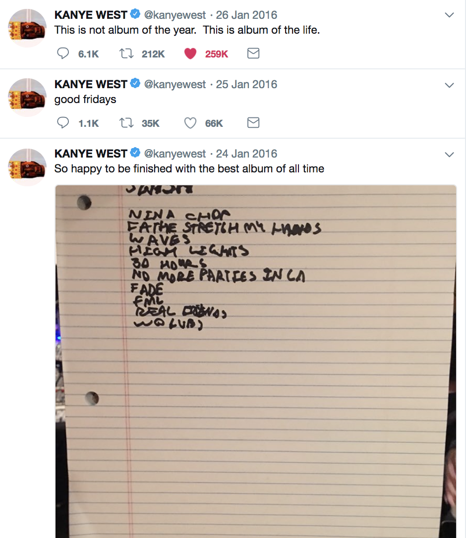 January 2016: The Second - Image 25 from The History of Kanye's 'T.L.O.P.'  Documented on Twitter