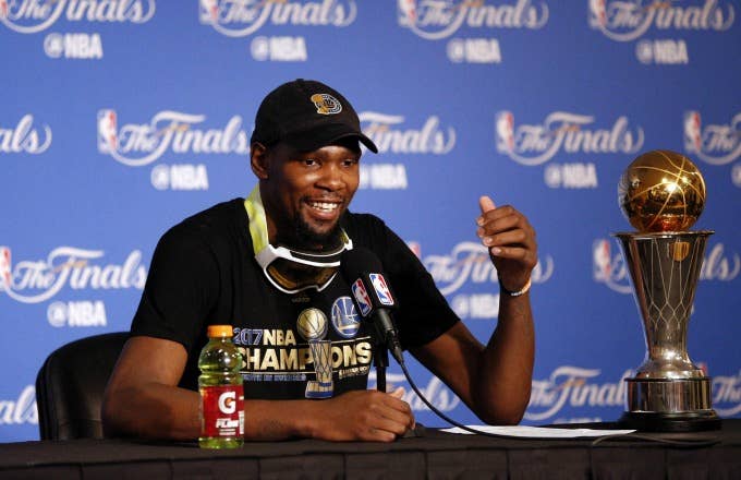 Kevin Durant conducts a press conference after Game 5 of the 2017 NBA Finals.
