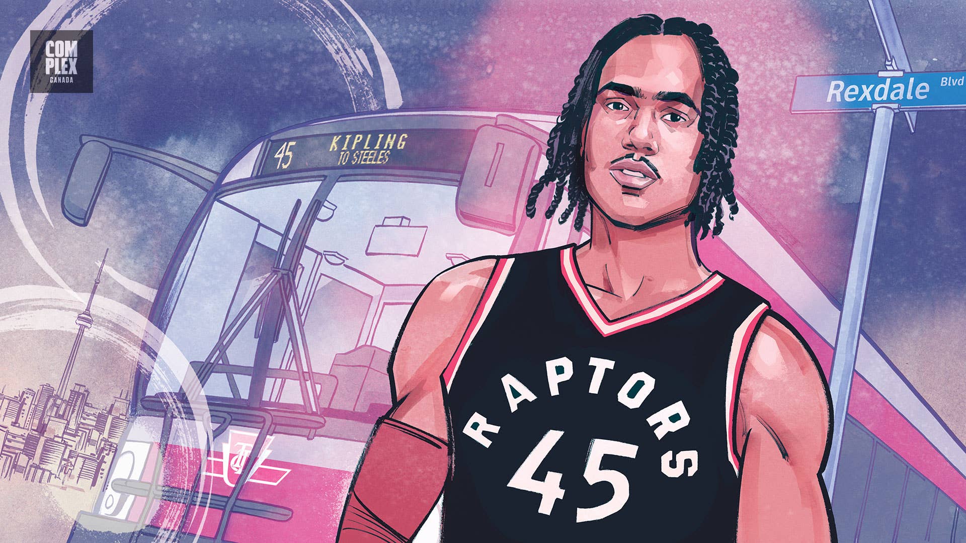 Illustration of Dalano Banton posing in front of 45 Kipling bus and Rexdale Blvd sign