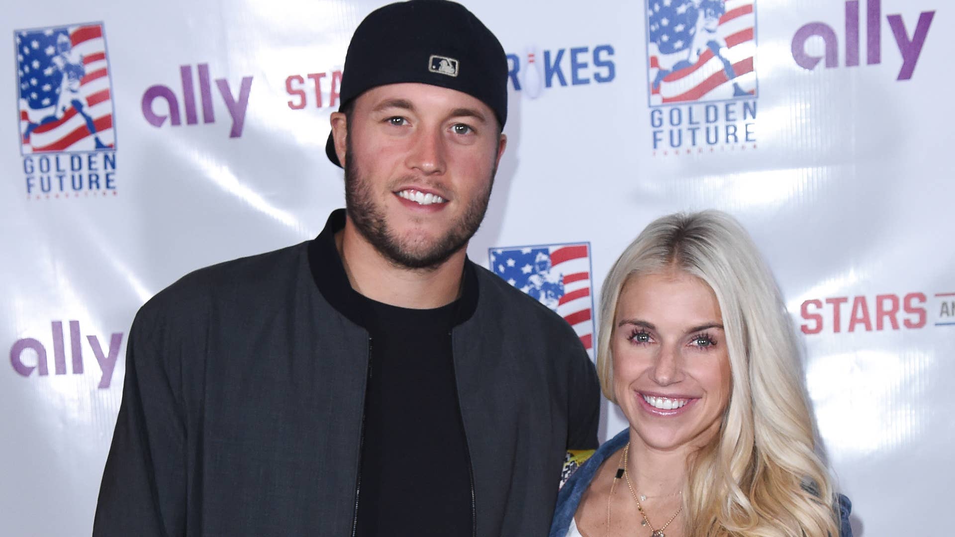 Matthew Stafford and his wife Kelly at a bowling event in 2017