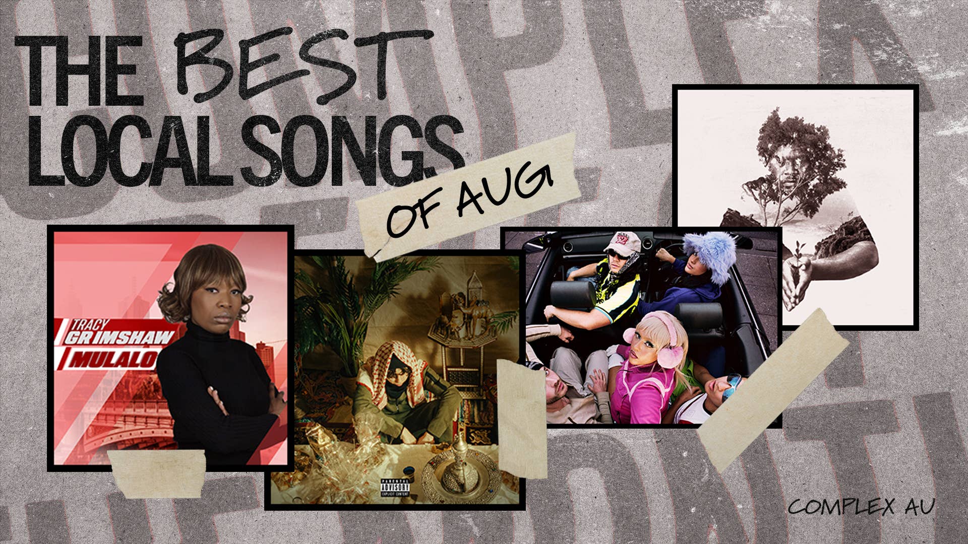 Single covers against a grey background that reads "best local songs of august"