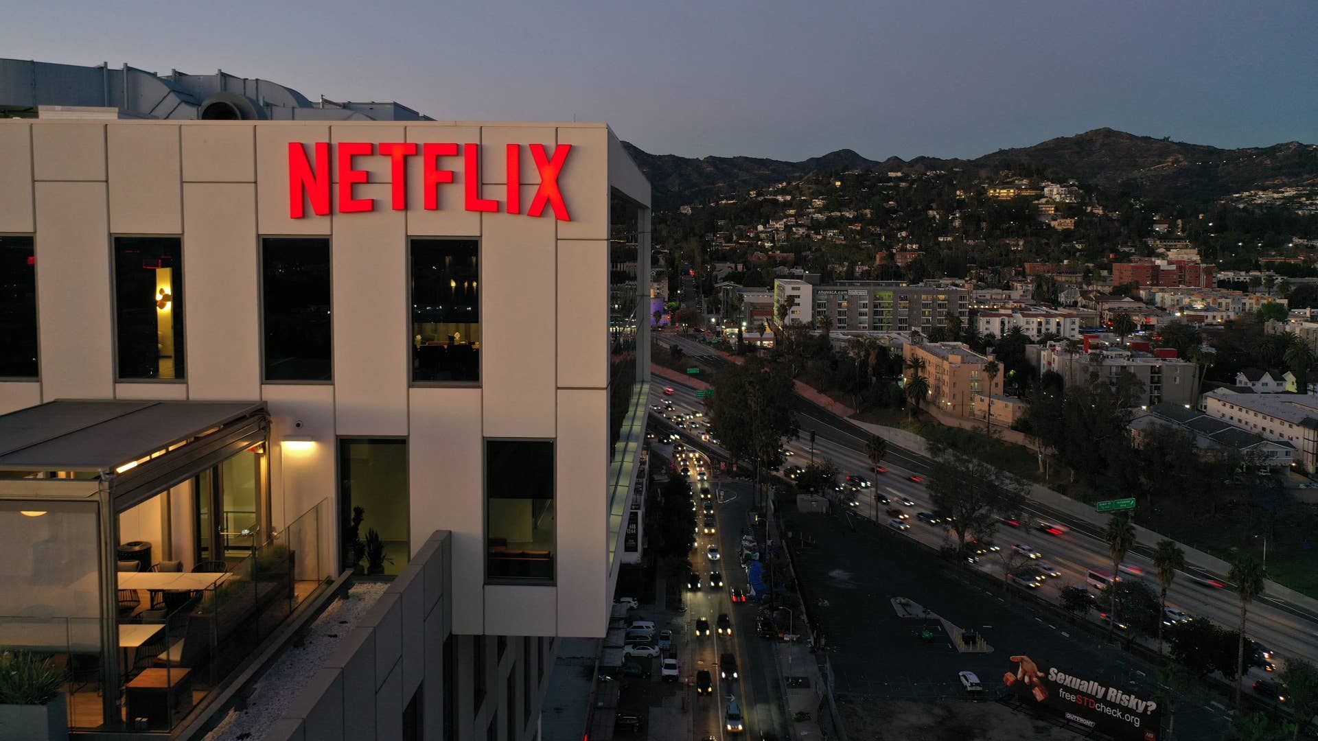 The Netflix building and skyline is shown