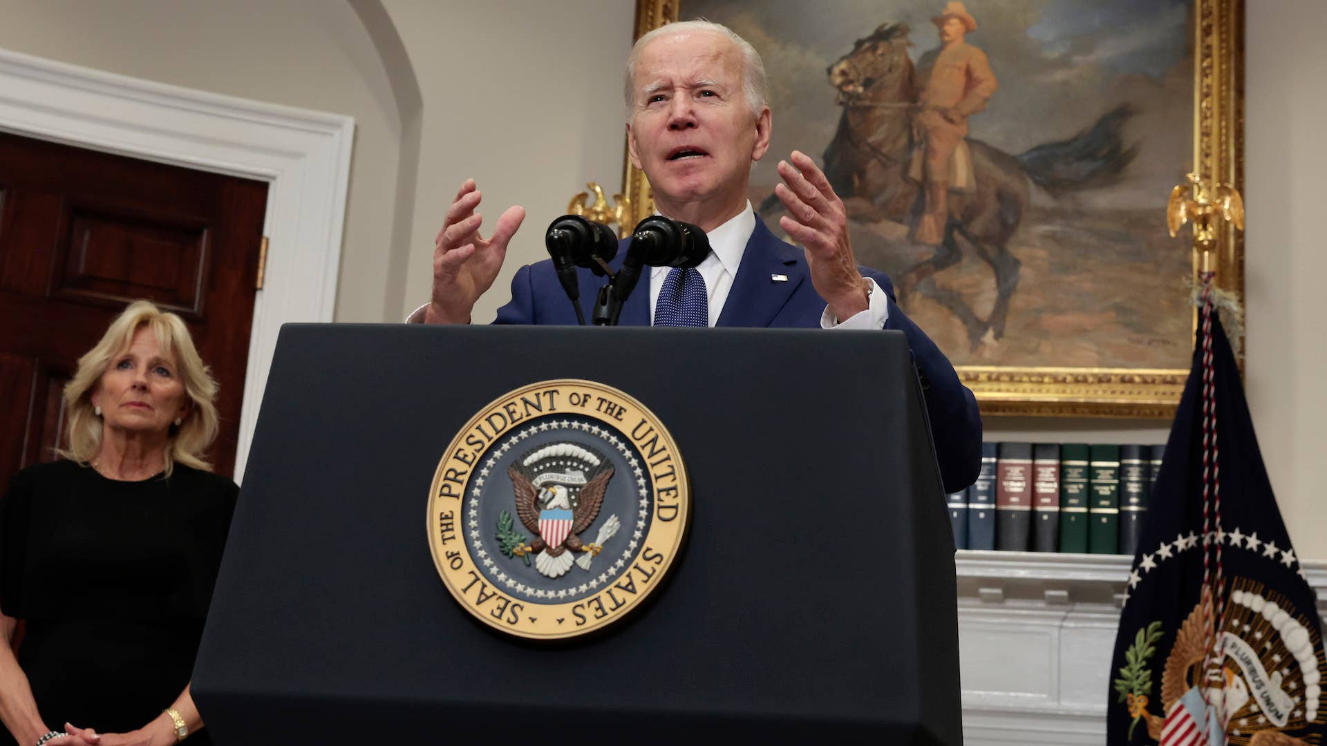 President Joe Biden delivers remarks from the Roosevelt Room of the White House