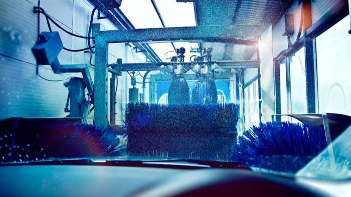 Inside car inside an automated car wash