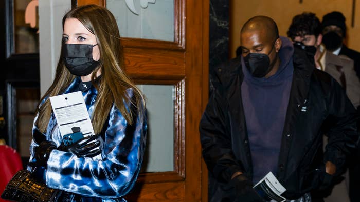 Julia Fox (L) and Kanye West are seen departing the &#x27;Slave Play&#x27; in Midtown.