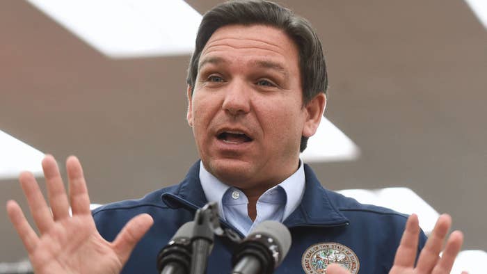 Florida Gov. Ron DeSantis speaks at a press conference at Buc-ee&#x27;s travel center