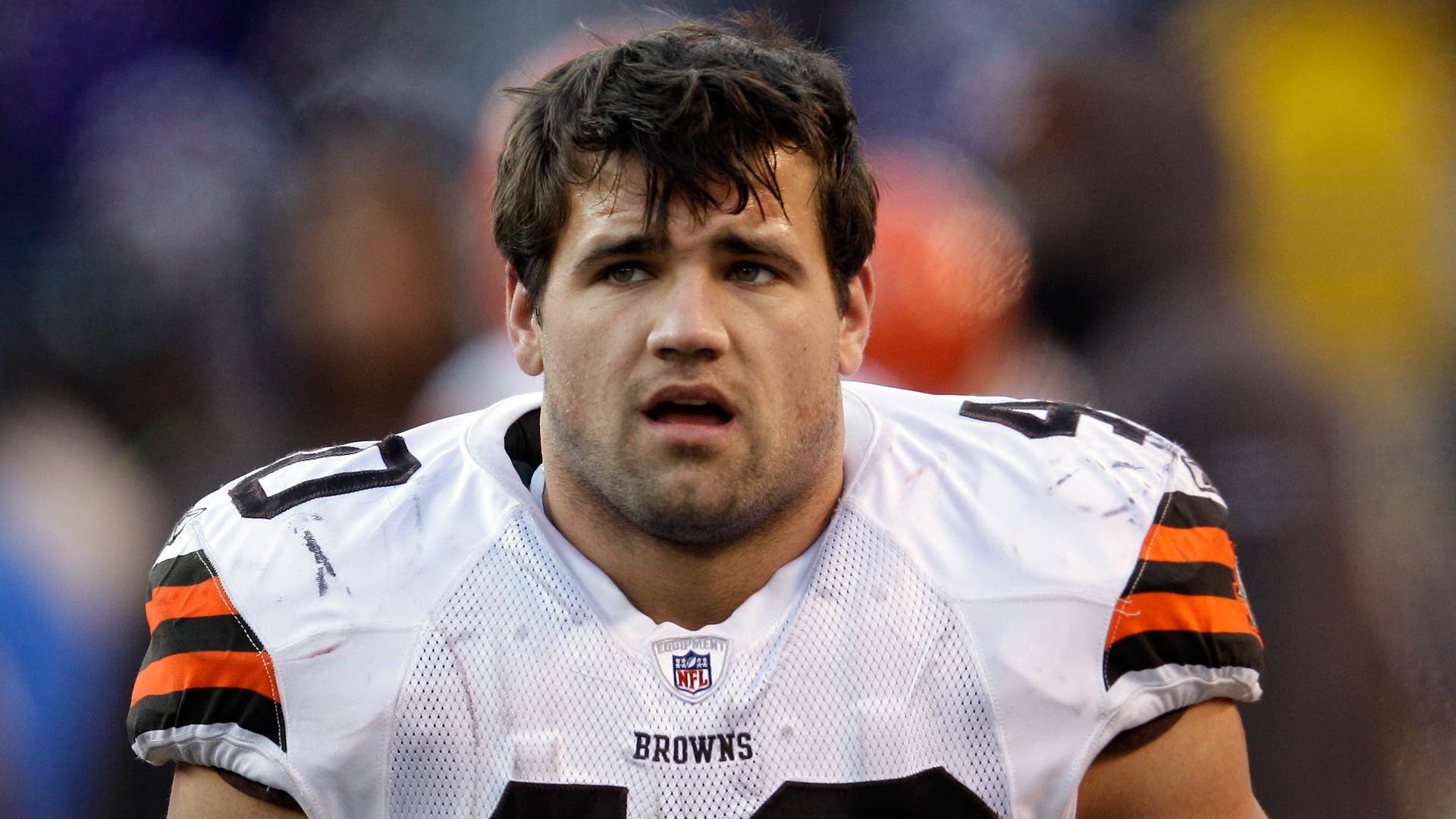 Peyton Hillis of the Cleveland Browns looks on from the sidelines.