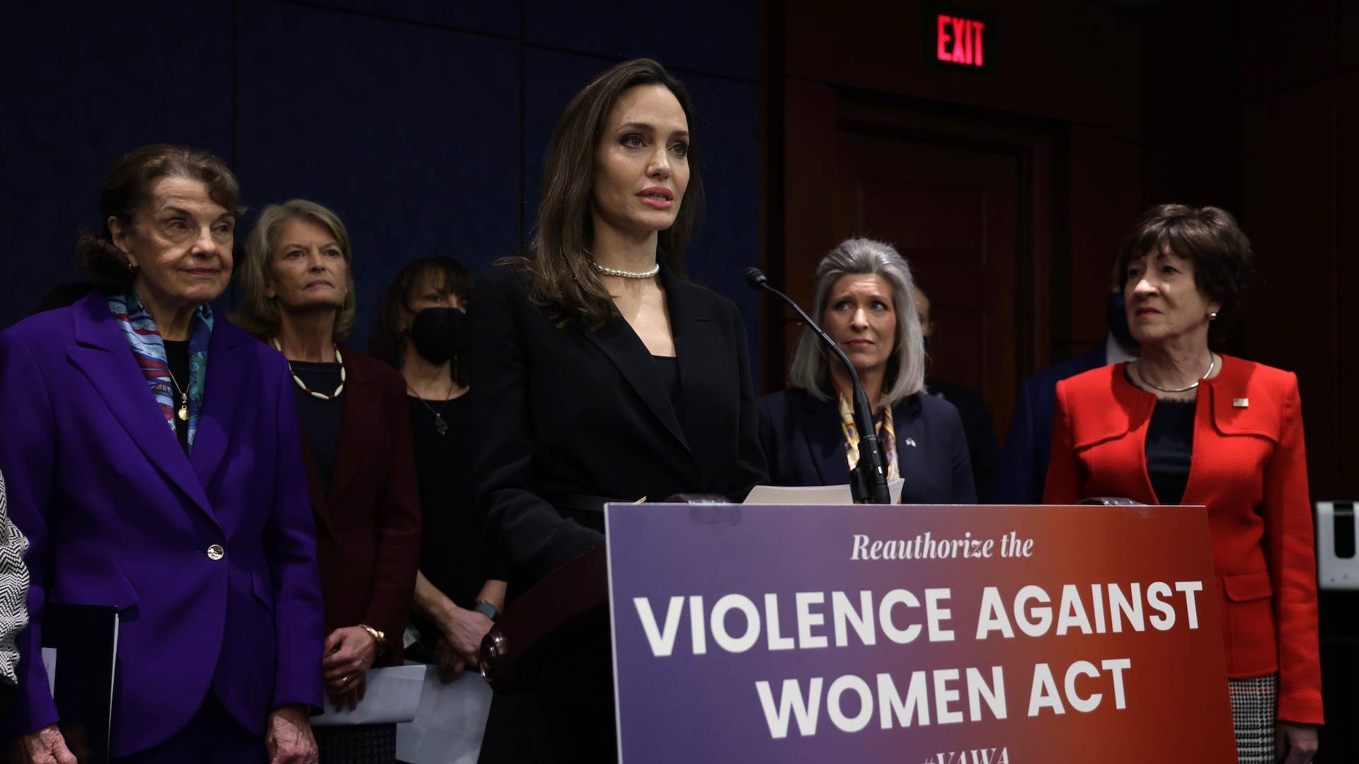 Actress Angelina Jolie speaks as (L-R) U.S. Sen. Dianne Feinstein (D-CA), Sen. Lisa Murkowski (R-AK)