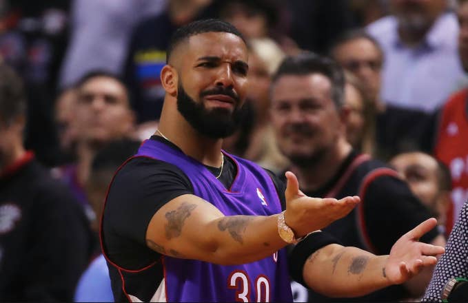 Drake reacts during Game One of the 2019 NBA Finals