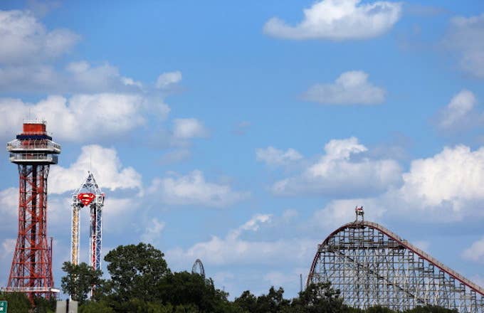 A view of The Texas Giant roller coaster (R) at Six Flags Over Texas