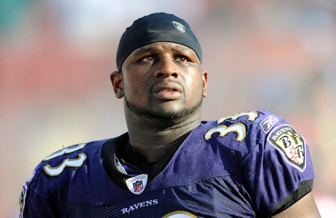 Le&#x27;Ron McClain on the sidelines as the Baltimore Ravens defeated the Miami Dolphins