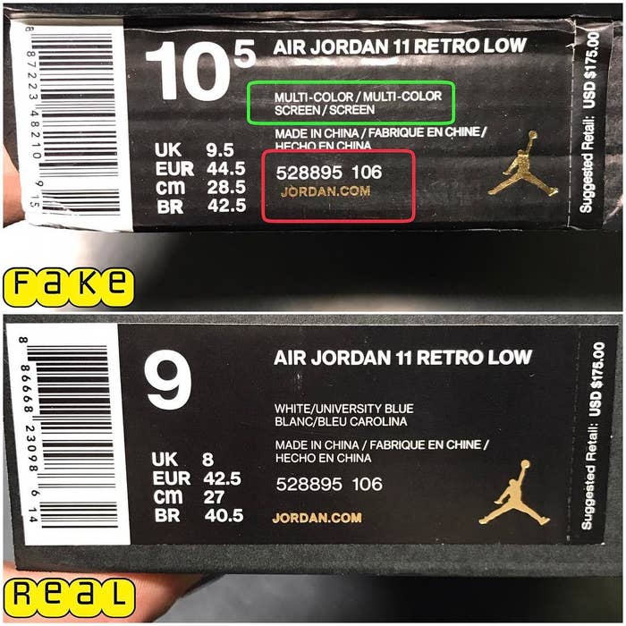 Air Jordan 11 Low UNC Real Fake Legit Check Box Tag