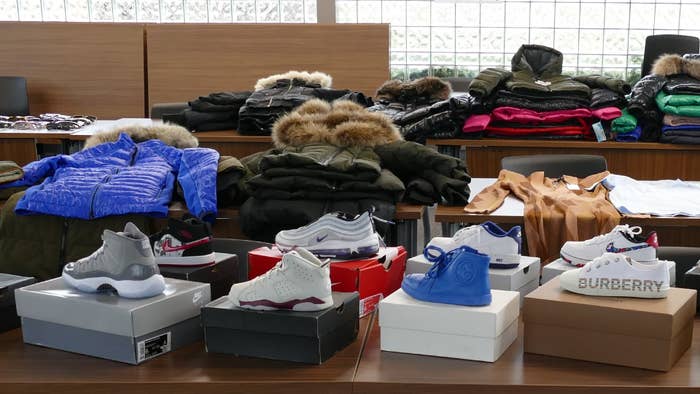 Stolen sneakers, coats, and clothing seized by York Regional Police.