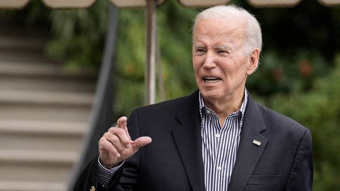 Joe Biden talks to reporters on the South Lawn of the White House.