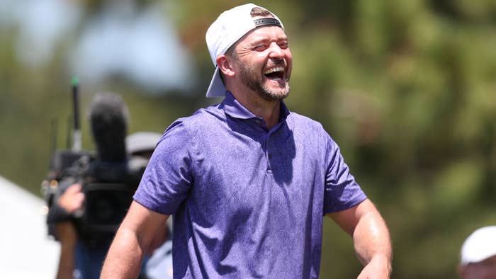 Musician Justin Timberlake smiles on the 17th hole during round two of the American Century Championship at Edgewood Tahoe South golf course