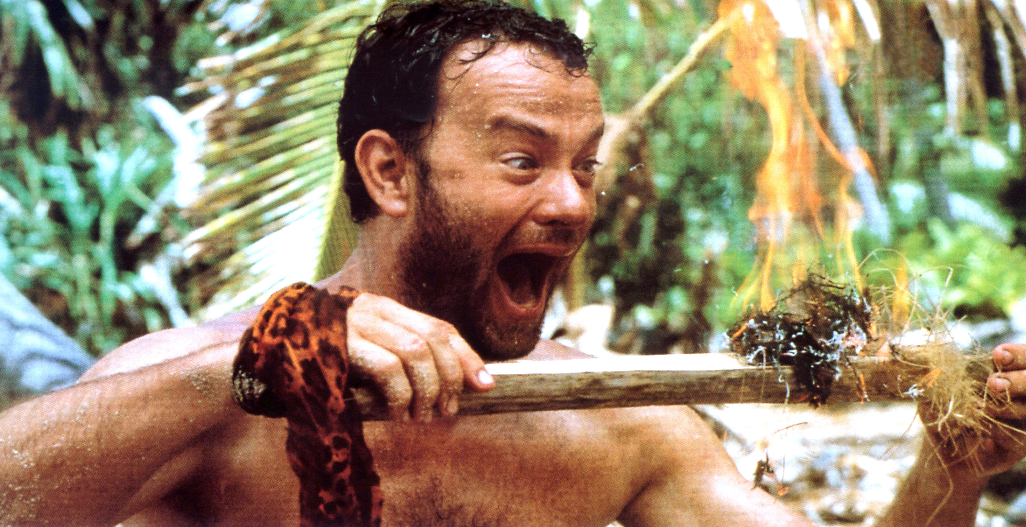 Tom Hanks on an abandoned island in the movie Cast Away.