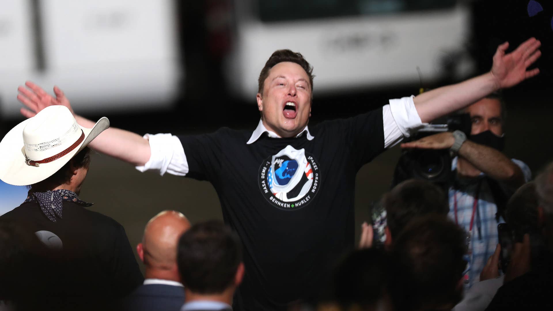 Spacex founder Elon Musk celebrates after the successful launch