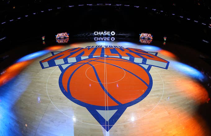 A general view of the New York Knicks logo before a game.