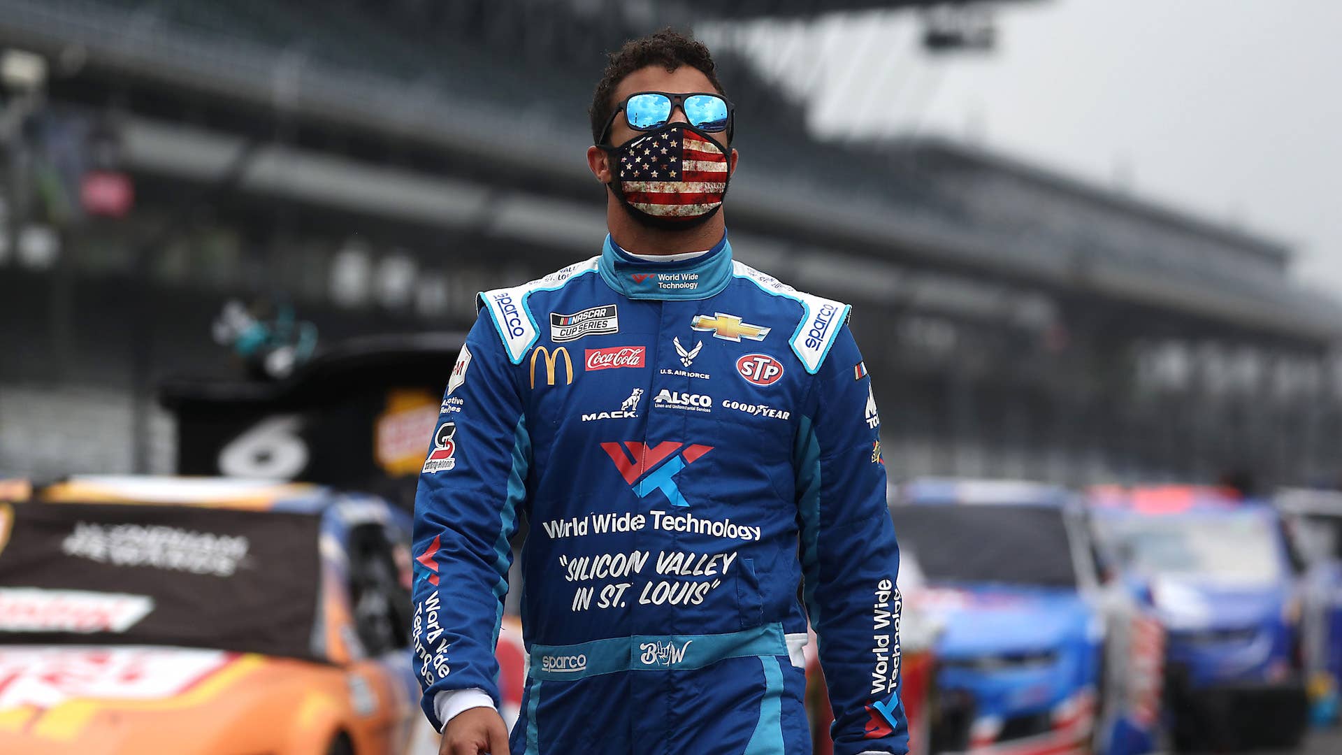 Bubba Wallace, driver of the #43 World Wide Technology Chevrolet