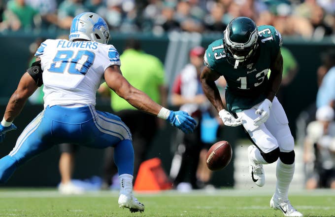 Nelson Agholor #13 of the Philadelphia Eagles fumbles the ball