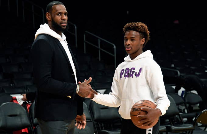LeBron and LeBron Jr. shoot around on the Lakers' court.
