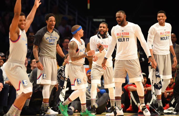 The Eastern Conference bench reacts during the 2017 NBA All Star Game.